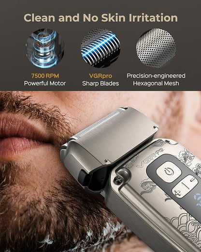 Hair Clipper & Trimmer Set for Men Professional, Waterproof Electric Razor Foil Shaver for Men Face Beard, Cordless for Hair Cutting, 4-Speed Setting, LED Battery Display, Barber or Home Use (Silver)