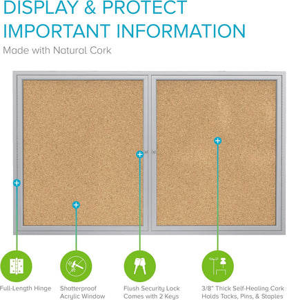 Ghent 36" x 48" 2-Door indoor Enclosed Bulletin Board, Shatter Resistant, with Lock, Satin Aluminum Frame - Natural Cork (PA234K) Made in the USA