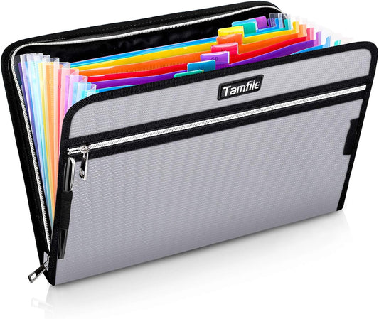 Fireproof Safe Waterproof Accordion File Bag Folder Expanding Filing Folder with 14 Multicolored Pockets, A4 Letter Size, Document Organizer Holder and Color Labels /2 Zipper (Silver 14.3" x 9.8")
