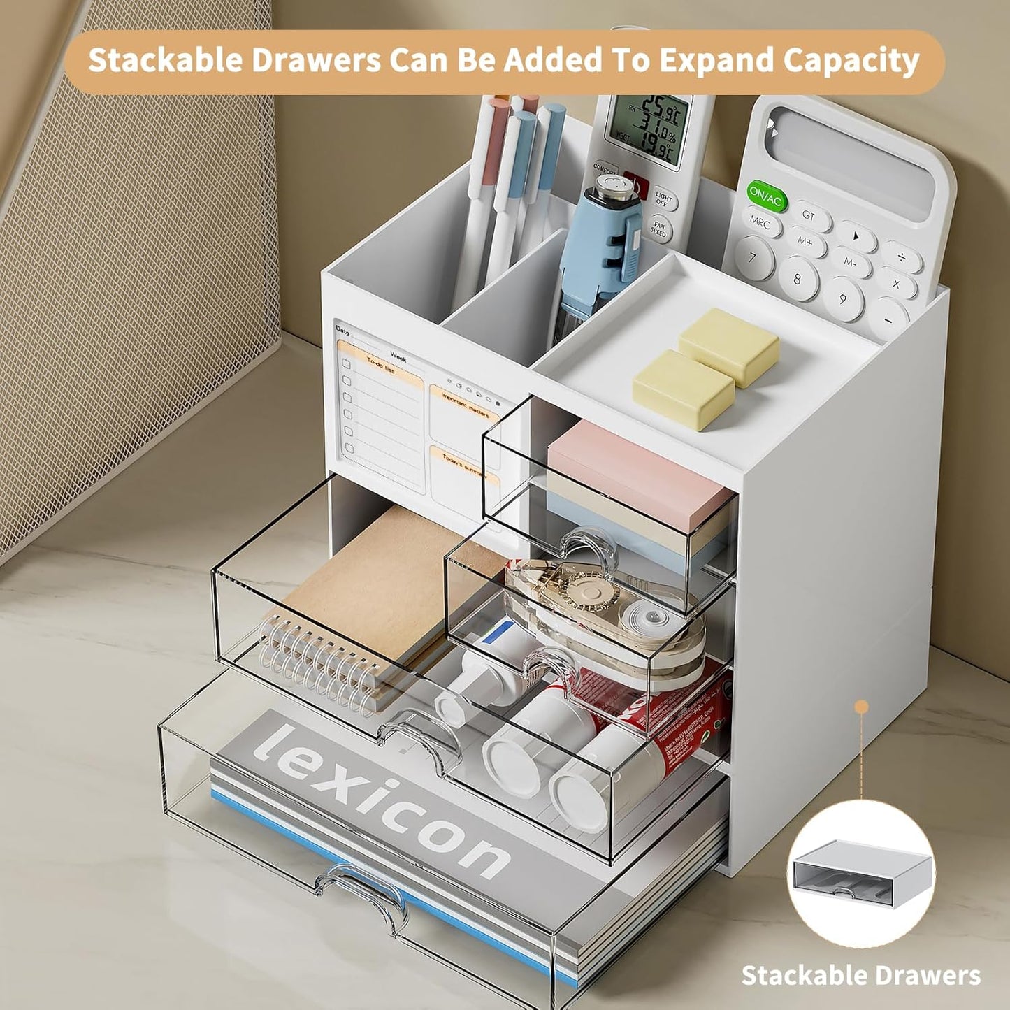 Desk Organizer with 3 Drawer, Multi-Functional Pencil Pen Holder for Desk, Desk Organizers and Storage with 8 Compartments, Desktop Organizer for Office Home Art Supplies (White)