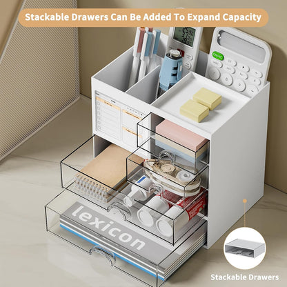 Desk Organizer with 3 Drawer, Multi-Functional Pencil Pen Holder for Desk, Desk Organizers and Storage with 8 Compartments, Desktop Organizer for Office Home Art Supplies (White)