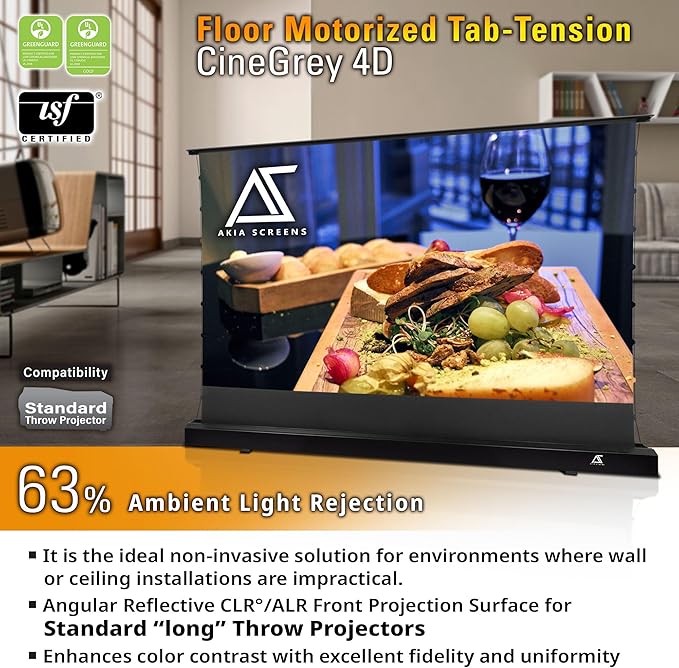 Akia Screens 101 inch Floor Rising Projector Screen Motorized with Remote, ALR Projector Screen Ambient Light Rejecting Movie Screen for Standard Throw Projection Indoor, CineGrey 4D AK-FMT101UH2-C4D