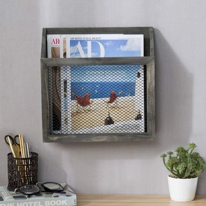 MyGift Rustic Magazine Holder Vintage Gray Wood and Chicken Wire Design Wall Mounted/Tabletop Mail Sorter, Farmhouse Home, Bathroom, Office Magazine Rack