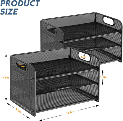 samstar 2 Pack 3 Tier Letter Tray Paper Organizer with Handle, Mesh Desk Organizer Paper Sorter File Rack Shelves, Black
