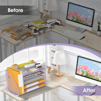 5 Tier Paper Letter Tray with File Holder and 3 Drop-in Pen Holders, Mesh Desk File Organizer with Handle, Desk Organizers and Accessories for School,Home, Office Supplies Storage-Purple