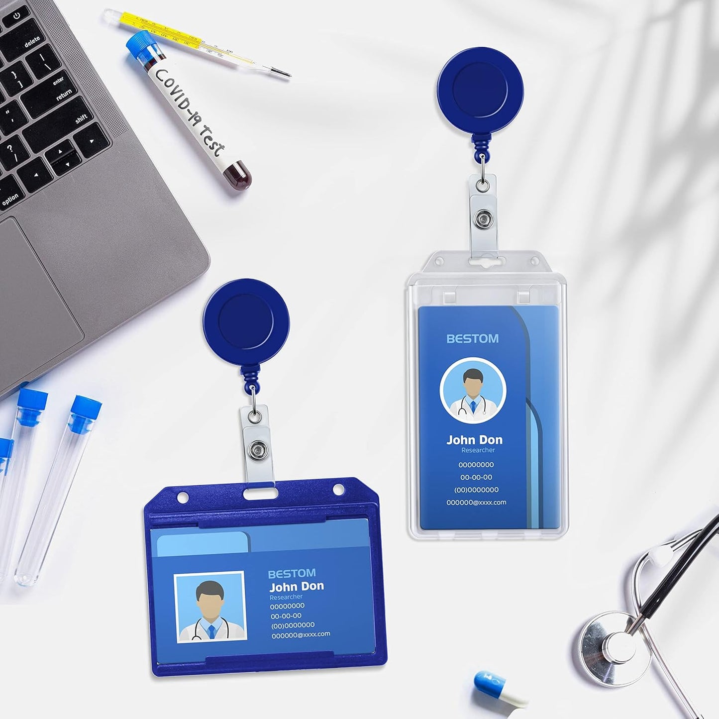 Badge Reels Retractable Badge Holder with Clip, Id Clips for Badges, Id Badge Reel, Retractable Id Badge Clip with Clear Vinyl Strap & Alligator Swivel, No Twist Dispenser (Blue)