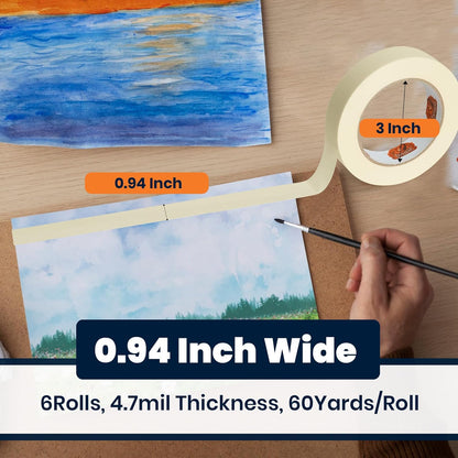 General Purpose Masking Tape 0.94 Inches x 60 Yards, Beige White Painters Tape for Painting, Labeling, DIY Arts Crafts, Home Office School Projects, 6 Rolls