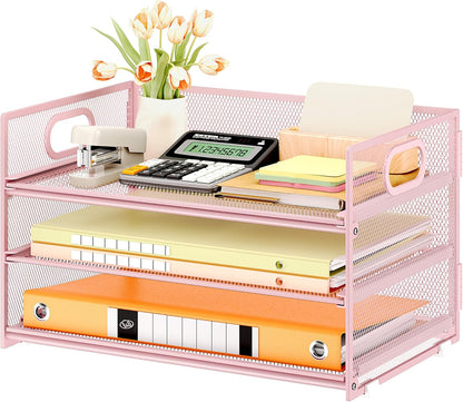 Subekyu 3 Tier Paper Letter Tray Organizer for Desk, Pink Metal Mesh File Folder Sorter Organizer with Handle and 1 PC Sliding Tray for Home Office School Desk Supplies Organization Storage