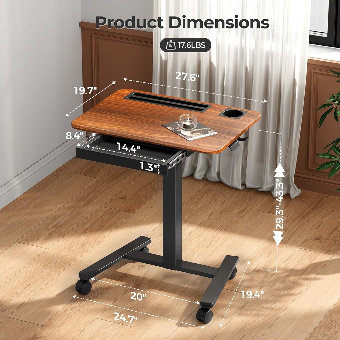 Mobile Standing Desk with Drawer, 28" Rolling Desk with Cup Holder and Hooks, Portable Laptop Workstation on Wheels, Height Adjustable Cart with Storage for Home Office, Dark Wood