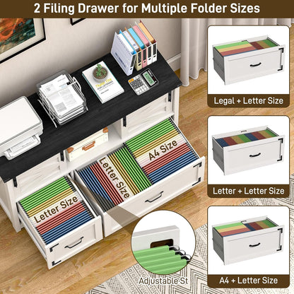 Lateral File Cabinets 2 Drawer with Sliding Barn Doors, Farmhouse Filing Cabinet with 2 Drawer for Home Office，Filing Organization Storage Cabinets for Hanging Files Letter/Legal/F4/A4.(Black.)