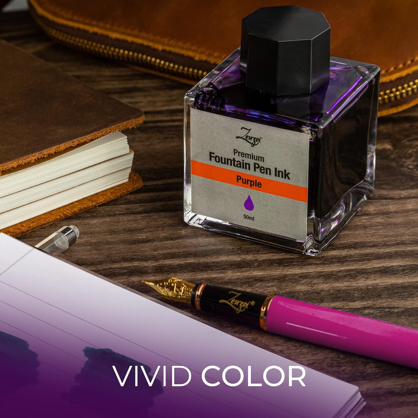 ZenZoi Fountain Pen Ink Bottle 50ml | Premium Designed Bottled Ink for Fountain Pens – Suitable for Calligraphy and All Branded Pens | Quick Drying and Smooth Flow Writing Experience (Purple)