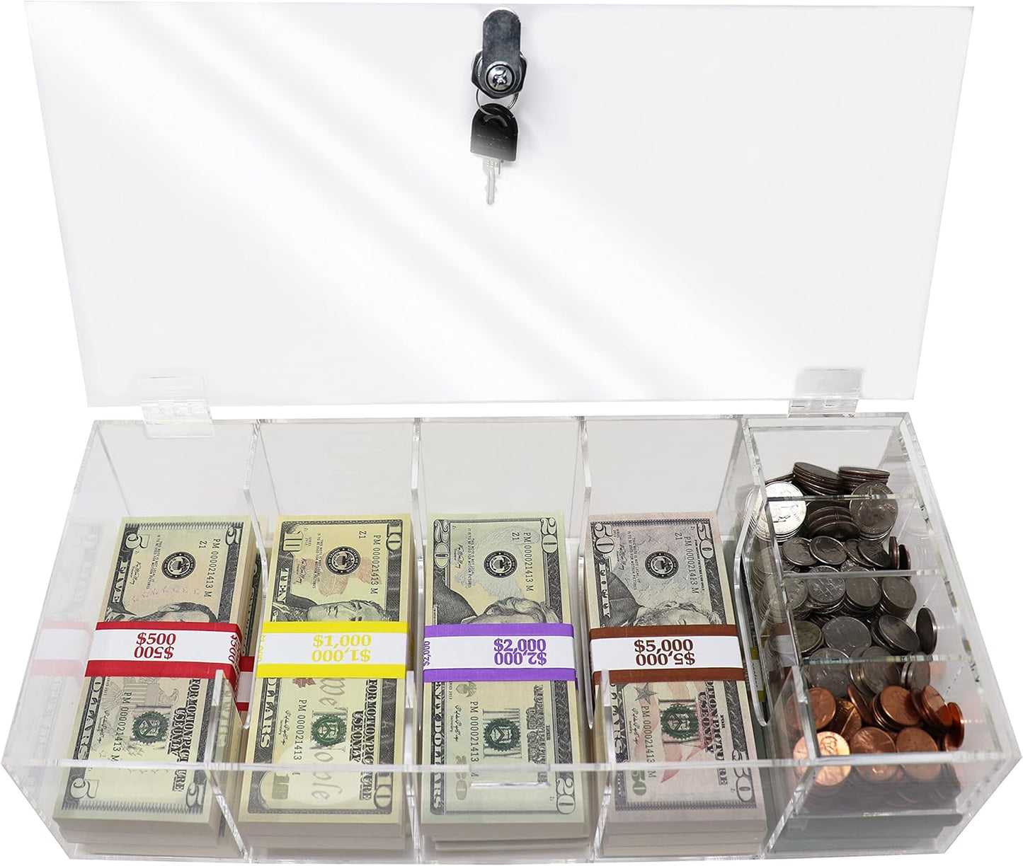 Clear Locking Currency Tray, 5 Compartment Cash Organizer Money Storage Box with Lockable Cover and Coin Tray Insert, 300 Currency Wrappers Included
