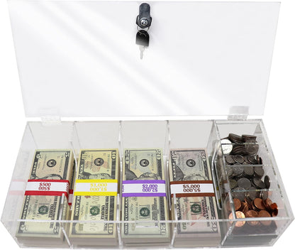 Clear Locking Currency Tray, 5 Compartment Cash Organizer Money Storage Box with Lockable Cover and Coin Tray Insert, 300 Currency Wrappers Included