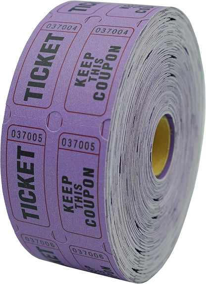 DNB 1000 Raffle Tickets - Double Roll 1000 Pairs per Roll 2 x 2 Inch 50/50 Consecutively Numbered Tickets for Entry/Events/Fundraiser/Prizes - Purple