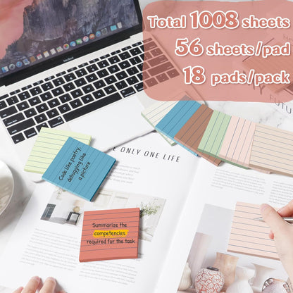 (18 Pack) Lined Sticky Notes 3x3 in Post, Vintage Colors, Sticky Pads, Strong Adhesive, Recyclable, Self-Stick Pads, Easy to Post for Home, Office, Notebook