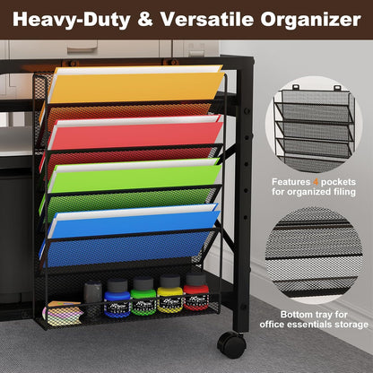 EasyCom 24"x20" Large Printer Stand with Hanging File Holder Organizer, Adjustable Height Shelf with Wheels, Under Desk Table with Storage for Printer Scanner Fax Home Office Use Black