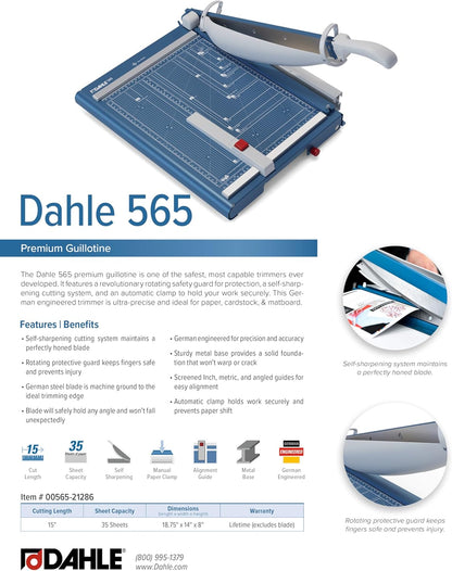 Dahle 565 Premium Guillotine Trimmer, 15" Cut Length, 35 Sheet Capacity, Self-Sharpening Blade, Automatic Clamp, w/Safety Guard