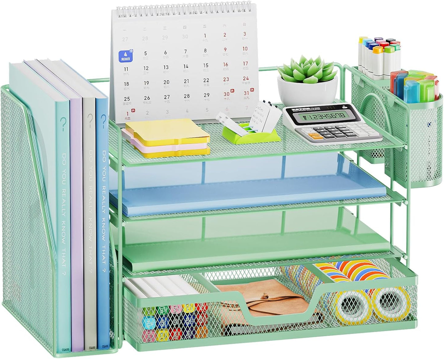 Marbrasse Desk Organizer and Accessories，4-Tier Paper Letter Tray Organizer with File Holder, Desk Accessories & Workspace Organizers with Drawer and 2 Pen Holder (Green, 15.4" x 9.1" x 8.3")