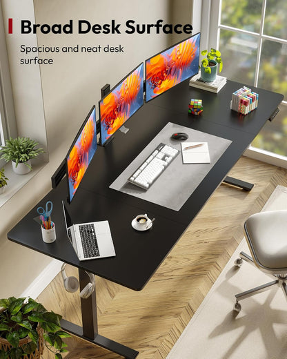 SANODESK Electric Standing Desk 79 x 32 Inches Height Adjustable Stand Up w/6-Button Ergonomic Computer Desk with Splice Board for Home Office, Black Frame + Black Tabletop