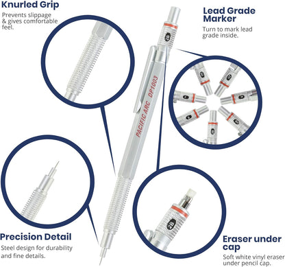 Pacific Arc Chromagraph Metal Mechanical Pencil .3 mm Silver Barrel Mechanical Pencil with Built In Lead Pencil Grade Indicator, Lead Pencil Holder for Drafting, Sketching, and Drawing