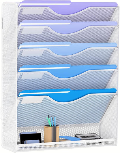 6 Tier Hanging File Organizer, Mesh Wall File Holder Paper Folder Rack with Bottom Flat Tray for Office Home, White