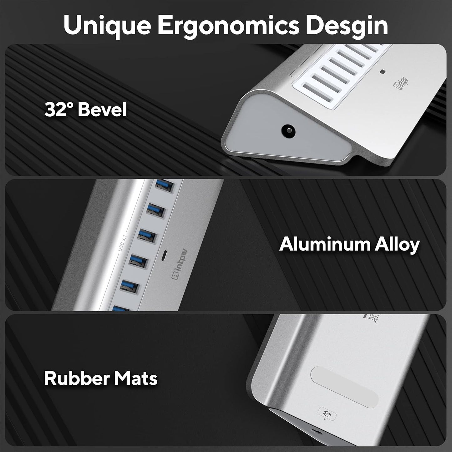Powered USB Hub, intpw 10 Port USB 3.1 Hub with 10Gbps Data Transfer, 36W(12V/3A) Power Adapter, USB Type A and Type C Cable, Aluminum USB Hub for Laptop, MacBook and Desktop Computer
