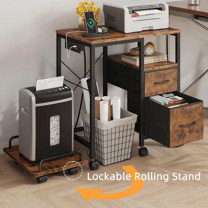Printer Stand with Power Outlet/Fabric Drawers, Printer Cabinet with Storage Shelf and Rolling Shredder Stand, Printer Table for Home Office, 22.8"×15" Rustic Brown