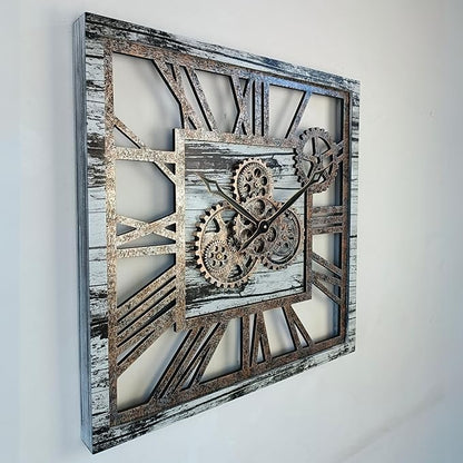 ImprovingLife The Gears Clock 24'' Inch Square Real Moving Gear Wall Clock Vintage Industrial Oversized Rustic Farmhouse (Grey and White)