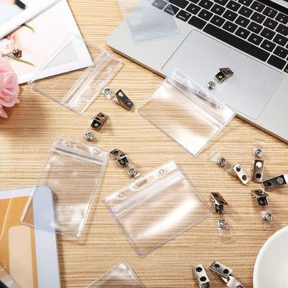 200 Pack Metal Badge Clips with Clear PVC Straps Double Hole ID Badge Clips for Name Tag ID Cards and Badge Holders, Office Supplies