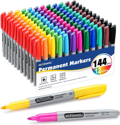 Permanent Markers Bulk, 144 Pack Permanent Marker Set, 12 Assorted Colors, Fine Point Tip, Fast Dry, Waterproof, work on Plastic, Glass, Metal, Wood and Stone, Perfect for School, Office, Home