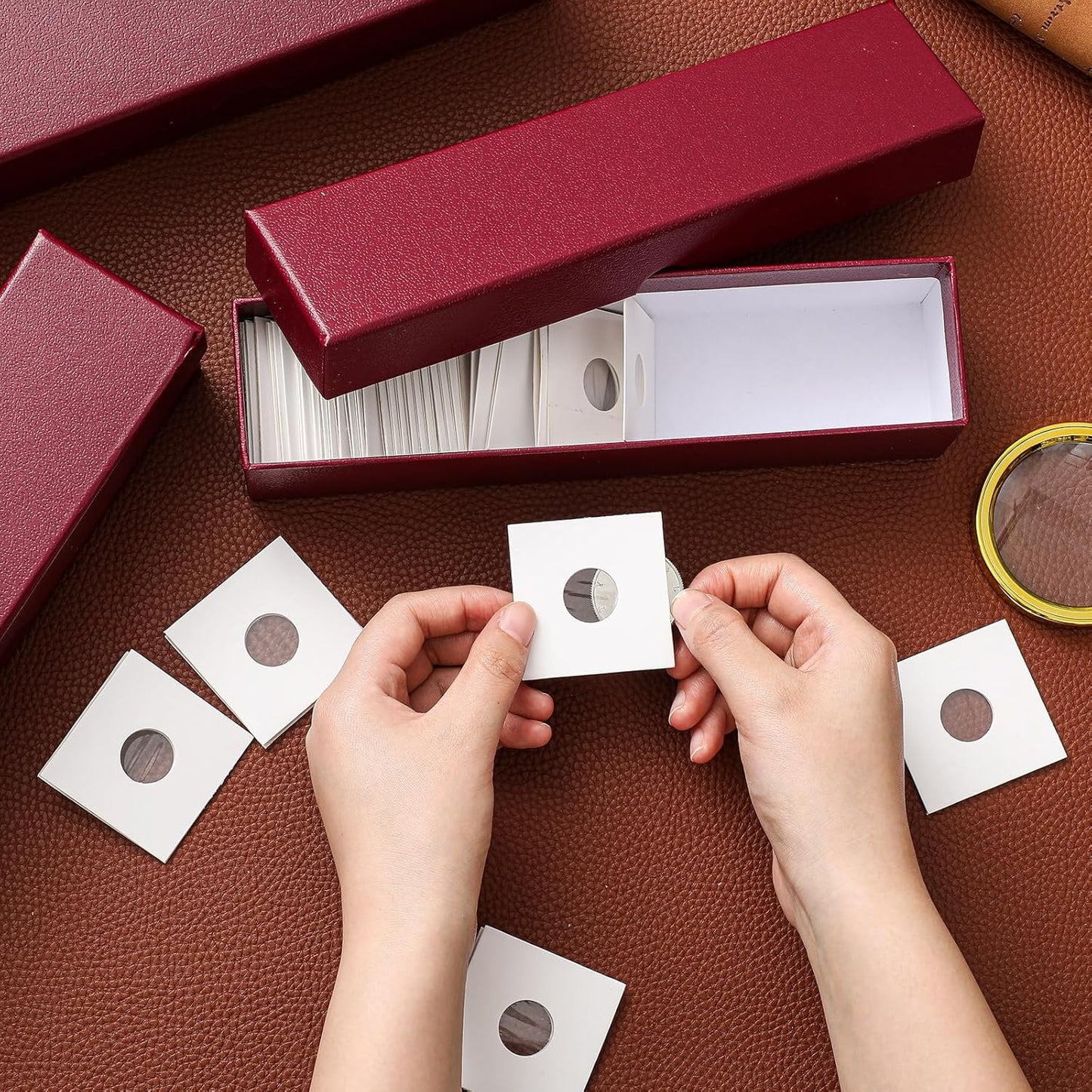 Teling 8 Pcs Coin Storage Box 2x2inch Flip Holders Collectors Coin Supplies Holders for Cents Collection Cardboard (Dark Red)