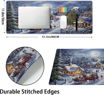 Christmas Gaming Mouse Pad XL Xmas Tree Deer Snowflake Extended Winter Holiday Large Mat Mousepad Desk Pad Non-Slip Rubber Base Stitched Edge Long Keyboard Pad for Computer,31.5×11.8 Inch