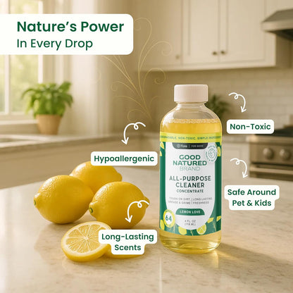 Good Natured Brand All-Purpose Cleaner Concentrate + 16 oz Bottle | Multi-Surface Cleaner | Natural Lemon Essential Oil | Multipurpose Cleaner All Surfaces | Lemon Love | 4oz makes 64oz