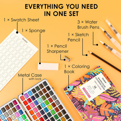 Grabie Watercolor Paint Set, Watercolor Paints, 168 Colors, Painting Set with Coloring Book, Water Brushes and Drawing Pencil, Art Supplies, Perfect Starter Kit for Watercolor Painting