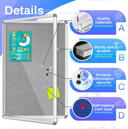 Magula 36"x24" Enclosed Bulletin Board Tamper-Proof Dispaly Case, Aluminium Frame, Shatter Resistant Lockable Bulletin Board, Lockable Noticeboard