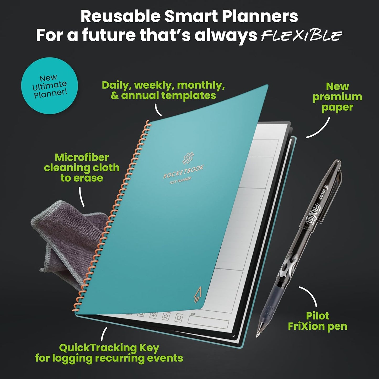 Rocketbook Flex Planner, Reusable Undated Smart, Letter Size 8.5x11 in Teal – Daily, Weekly, Monthly, Annual Calendar, Tasks, Goals, Scheduling, Productivity, App Connected, Erasable, Durable Cover