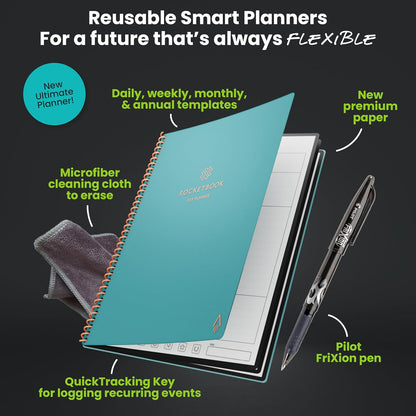Rocketbook Flex Planner, Reusable Undated Smart, Letter Size 8.5x11 in Teal – Daily, Weekly, Monthly, Annual Calendar, Tasks, Goals, Scheduling, Productivity, App Connected, Erasable, Durable Cover