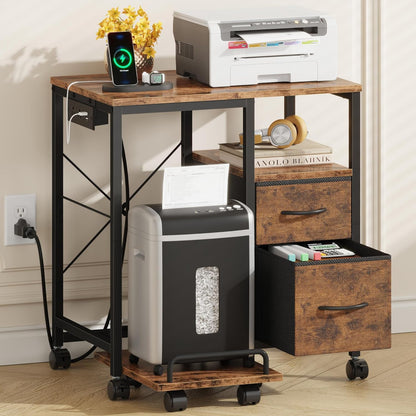 Printer Stand with Power Outlet/Fabric Drawers, Printer Cabinet with Storage Shelf and Rolling Shredder Stand, Printer Table for Home Office, 22.8"×15" Rustic Brown