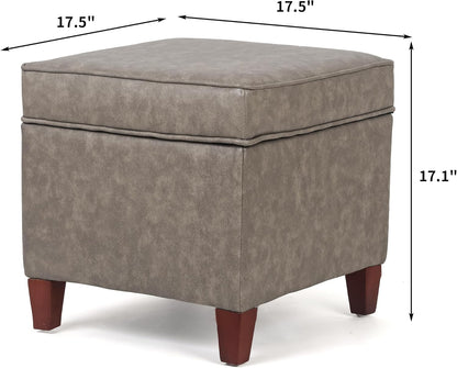 Adeco 17.5" Square Faux Leather Ottoman with Storage - Upholstered PU Foot Rest - Flip Top Footstool with Sturdy Wood Legs, Small Cube Coffee Table Extra Seat for Living Room, Bedroom, Coffee Brown