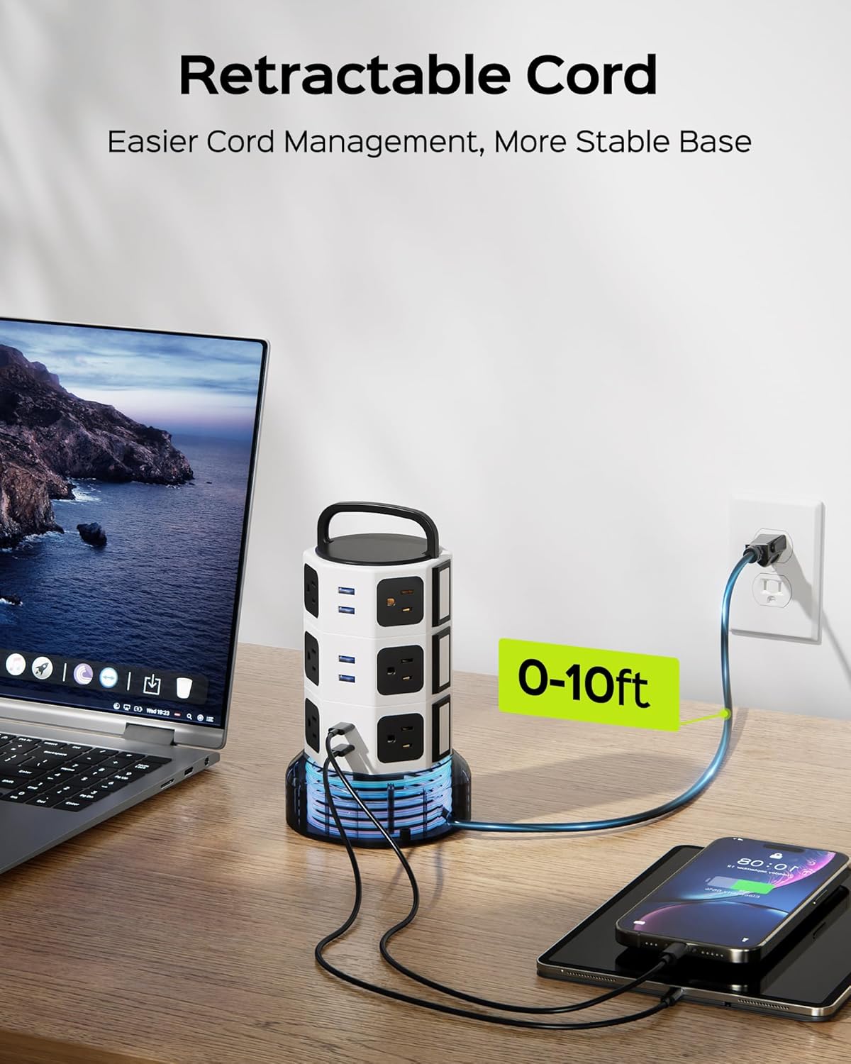 【10ft】 Power Strip Tower JACKYLED Surge Protector Electric Charging Station with 13A 12 Outlets 6 USB Ports Heavy Duty Extension Cord for Home Office Computer Nightstand Laptop Phone White Black