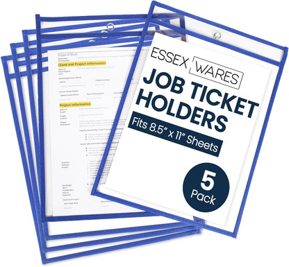 Essex Wares - 5 Pack, Blue, Job Ticket Holders, 10" Wide x 13.5" Tall - Clear Plastic Shop Ticket Holders - Easy to Use, Reusable & Easy Erase Plastic Invoice Holders, Water-Resistant & Durable