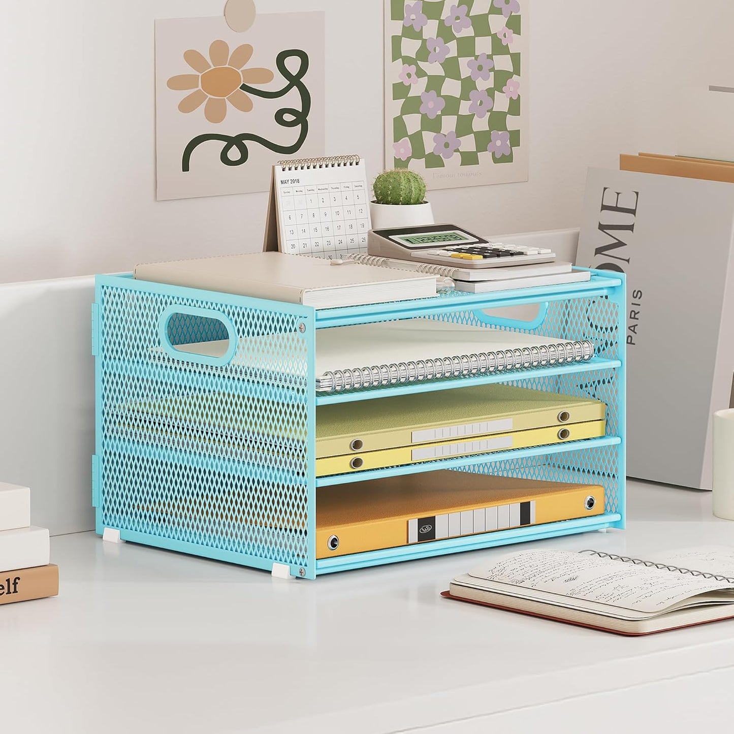 Subekyu Paper Letter Tray Organizer for Desk, Blue Metal Mesh Desk File Sorter Organizer with Handle and 2 Sliding Trays for Home Office School Supplies Organization