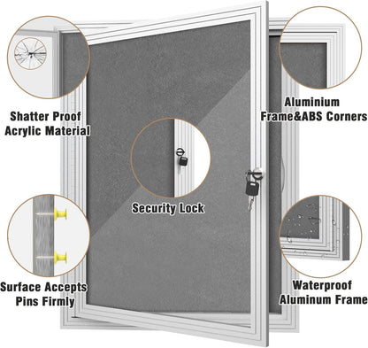 26"x20" Enclosed Bulletin Board, Outdoor Lockable Weather-Resistant Aluminum Cork Noticeboard for School & Office, Silver Frame w/Grey Flet