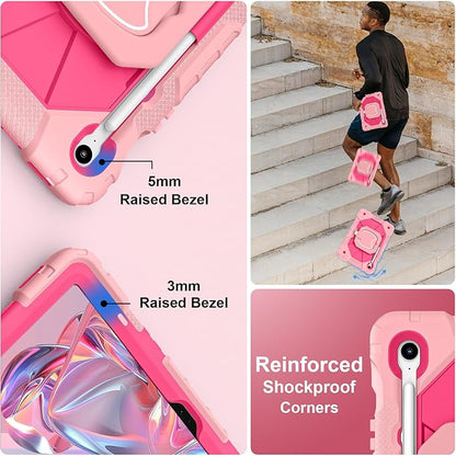 Case for Samsung Galaxy Tab S10 Lite/S10 FE/S9 FE 10.9 Inch, Samsung Tab S9 11 Inch, Rugged Galaxy S10 Tablet Cover with Pen Holder 360 Rotating Stand Shoulder Strap Screen Protector, Rosegold