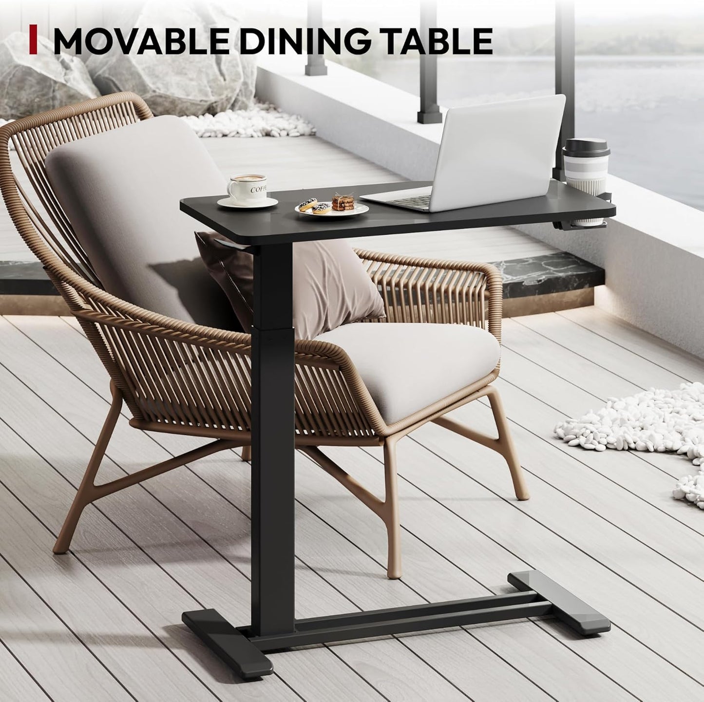 SANODESK Mobile Standing Desk with Hidden Wheels,Pneumatic Laptop Desk Rolling Computer Cart Movable Height Adjustable Small Sit Stand Desk for Home Office(27.6" W x 15.7" D, Black)