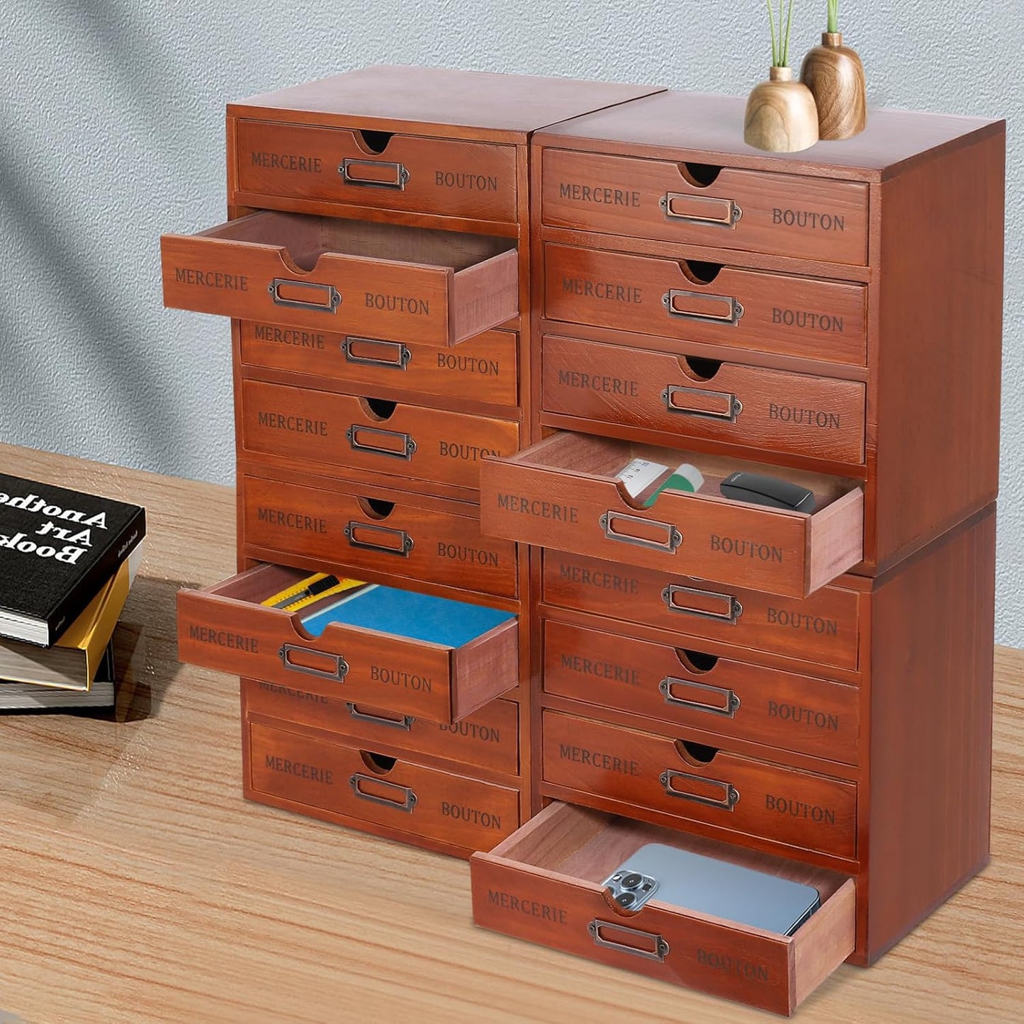 Vintage Drawer Wooden Drawers Organizer, 16-Drawer Desktop Organizer With Drawers, Iron Label Holders, Brown, For Store Cosmetics, Files, Books, Letters, Papers, Magazines