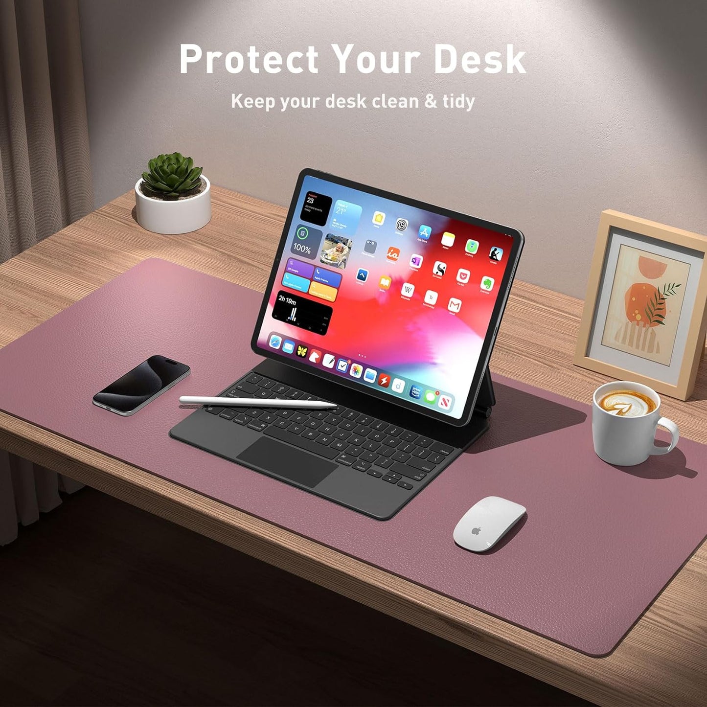 Aothia Leather Desk Pad Protector, Mouse Pad, Office Desk Mat, Non-Slip PU Leather Desk Blotter, Laptop Desk Pad, Waterproof Desk Writing Pad for Office and Home (48"x17", Dark Pink)