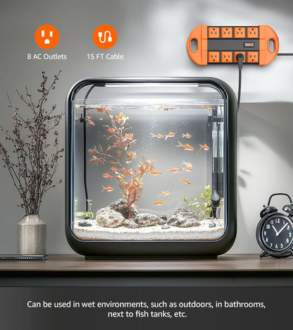 CCCEI Outdoor Power Strip Weatherproof with 8 Plug, Waterproof Extension Cord with Multiple Outlets, Christmas Exterior Garden Yard Surge Protector 15FT, Orange.