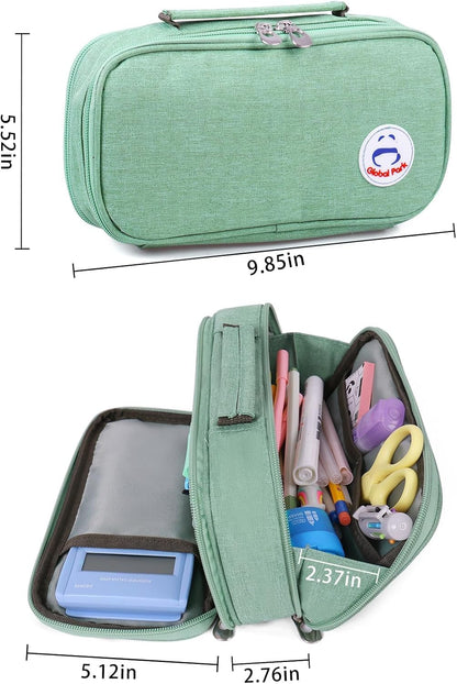Pencil Case Pen Bag Holder Pouch Large Handle Big Capacity Desk Organizer Storage Marker Box Stationary Makeup Cosmetic Double Zippers for School Office Students Teen