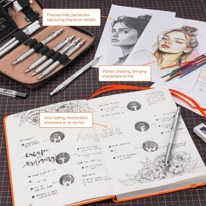 Nicpro 20PCS Metal Mechanical Pencil Set in Leather Case, Art Drafting Pencil 0.3, 0.5, 0.7, 0.9 mm & 2mm Lead Holders, 9 Tube (4B 2B HB 2H Colors) Lead Refills, Erasers For Sketching Drawing